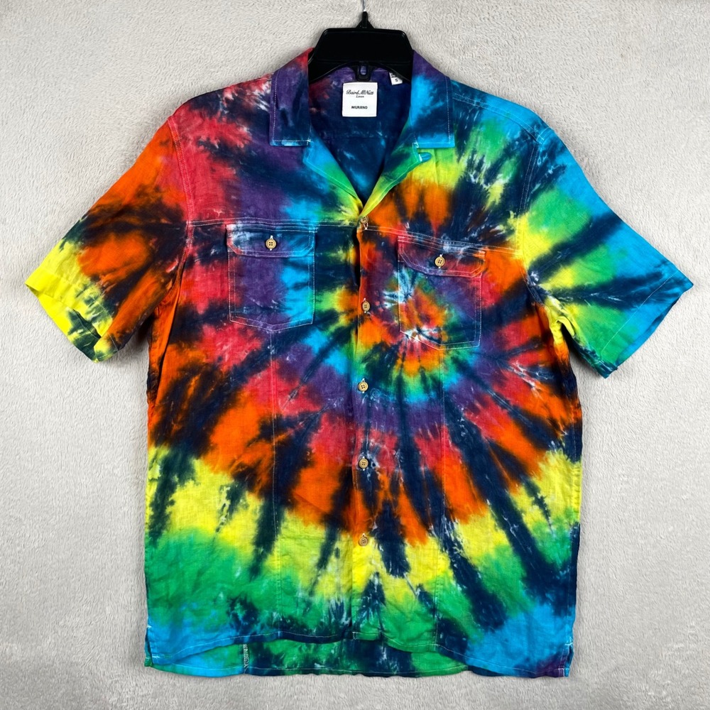 Murano Baird Mcnutt Shirt Men Small Tie Dye 100% Linen Loop Collar Pocket Summer